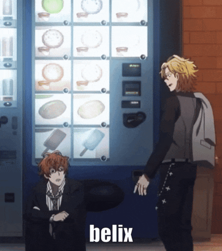 two anime characters are standing in front of a vending machine and the word belix is on the bottom