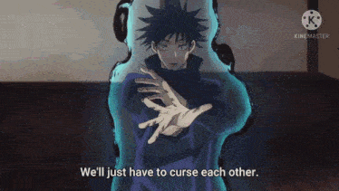 a man in a purple shirt is saying we 'll just have to curse each other