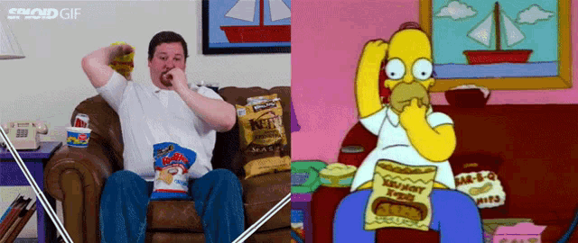 a man sitting on a couch next to a cartoon character eating a bag of homer simpson chips