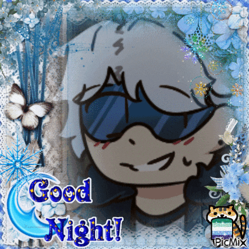 a picture of a person wearing sunglasses with the words good night on it