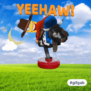 a cartoon of a man riding a bull with yeehaw written in orange