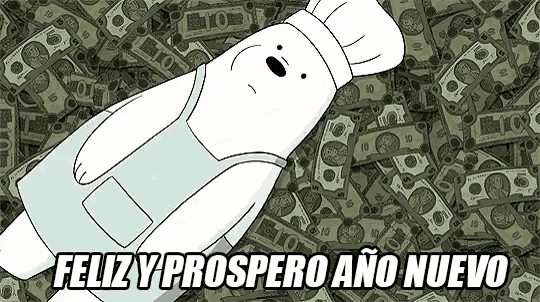 a cartoon character is laying on a pile of money with the words feliz y prospero ano nuevo written below him