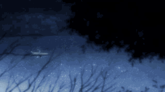 a plane is flying through a starry night sky with trees in the foreground