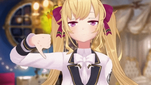 a blonde anime girl giving a thumbs down sign