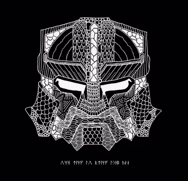 a black and white drawing of a warrior 's helmet with a pattern on it