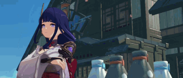 a purple haired anime girl stands in front of a building