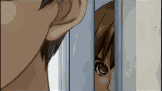 a cartoon of a boy peeking out of a door