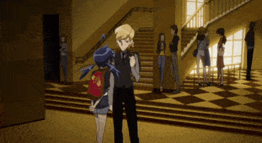 a man and a girl are standing in a hallway with a checkered floor
