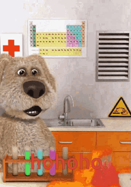 a cartoon dog is in a kitchen with the word hohoho written on the counter