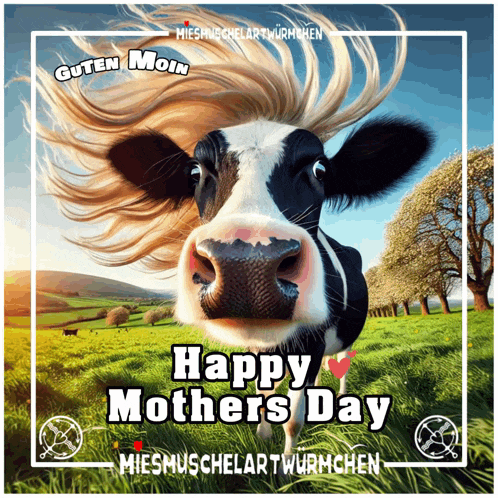 a cow in a field with the words happy mothers day on it