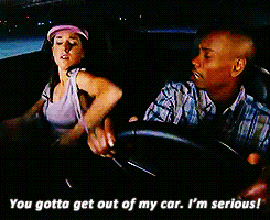 a man is driving a car with a woman behind him and says you gotta get out