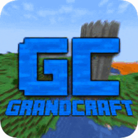 the logo for grandcraft is a minecraft game with a castle in the background .