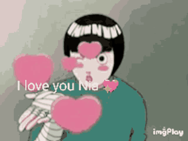 a cartoon character is holding two pink hearts and says i love you