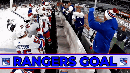 a rangers goal banner is displayed in front of a hockey game