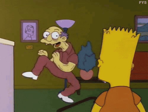 a cartoon of bart simpson talking to an older man with glasses