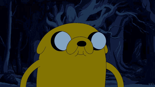 a cartoon character named jake the dog is standing in a dark forest