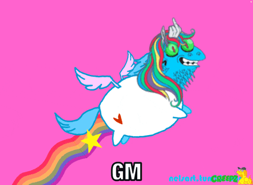 a cartoon drawing of a unicorn with a rainbow coming out of its mouth and the word gm below it