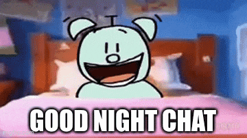 a cartoon bear is sitting on a bed with the words `` good night chat '' written on it .