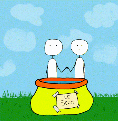 a cartoon of two stick figures holding hands in a yellow bucket that says le seum