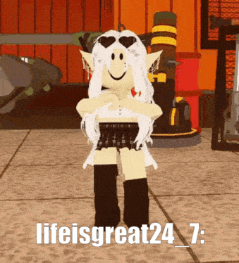 a girl with white hair and sunglasses is standing in a room with the words lifeisgreat24 7 written on the floor