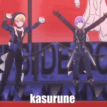 two anime characters are dancing in front of a sign that says side c