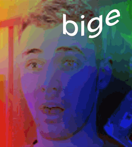 a painting of a man 's face with the word bige in white letters