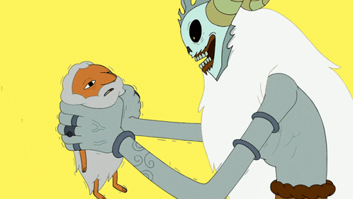 a cartoon drawing of a man holding a small animal