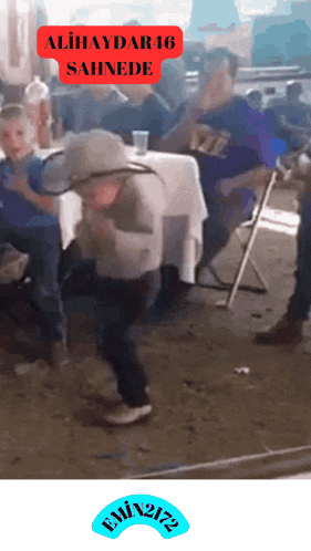 a little boy wearing a cowboy hat is dancing in front of a sign that says alihaydar 16 sahnede