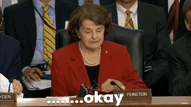 a woman in a red jacket is sitting at a table with a sign that says feinstein