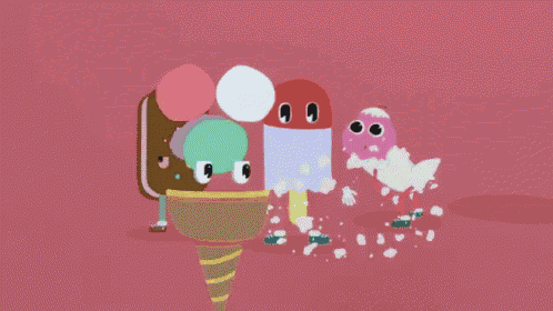 a group of cartoon characters including a watermelon ice cream and a pizza