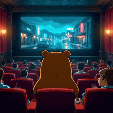a group of people are watching a movie in a theater with a teddy bear sitting in the audience