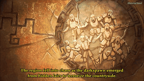a painting of a group of people with a caption that says the region fell into chaos as the darkspawn emerged