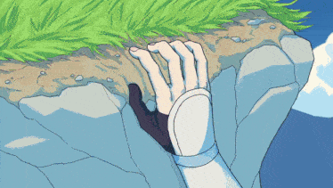 a cartoon drawing of a hand reaching up towards a grassy hill
