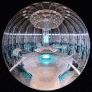 a sphere of a room with a light coming out of the center