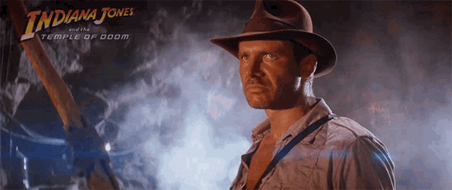 a poster for indiana jones and the temple of doom features a man in a hat