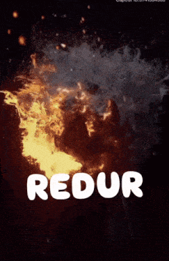 the word redur is on a poster with a fire background