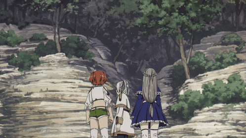 three anime characters are walking down a hill
