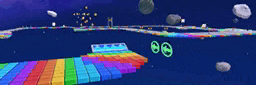 a video game with a rainbow colored track and a few asteroids