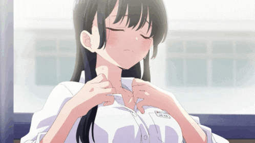 a girl in a white shirt has a name tag on her chest that says ' aoi ' on it