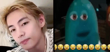 a close up of a man 's face next to a close up of a blue monster with smiley faces on it .