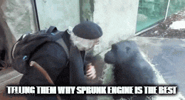 a man is talking to a chimpanzee with the caption telling them why sprinkler engine is the best