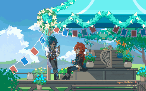 a pixel art drawing of two people sitting on a deck with the words happy birthday written on the bottom