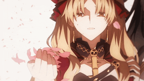 a girl with a skull necklace is holding a flower in her hand