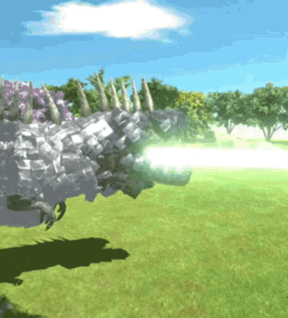 a computer generated image of a dinosaur shooting a light beam