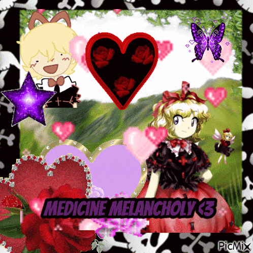 a picture of a girl surrounded by hearts and the words medicine melancholy 3