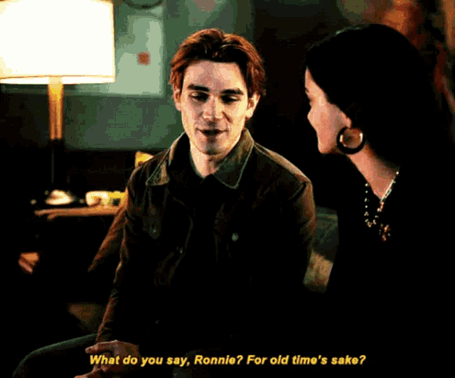 a man and woman are sitting next to each other and the man asks the woman what do you say ronnie for old time 's sake