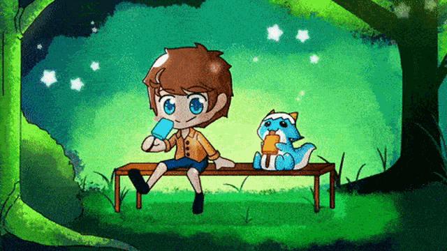a boy is sitting on a bench with a blue cat