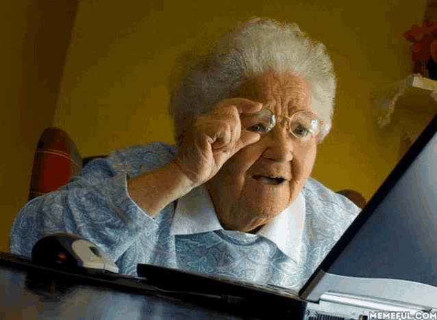 an elderly woman wearing glasses looks at a laptop computer