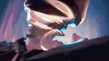 a close up of a person 's face with a blue light behind it