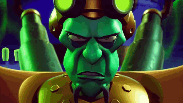 a cartoon character with a green face and a goggles on his head